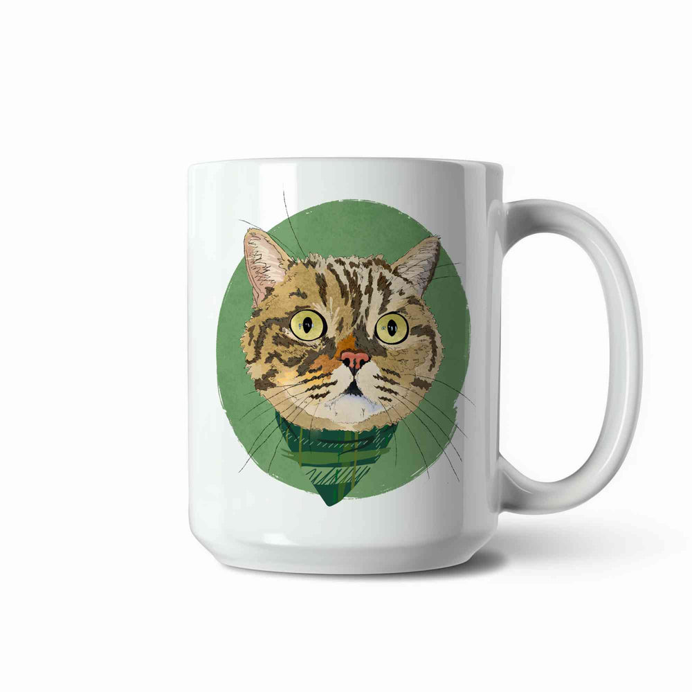 A white ceramic coffee mug featuring a custom illustrated cat portrait of a tabby cat wearing a plaid bandana set against a subtle textured green circular background printed on the side of the mug, shown on a clean white background. 