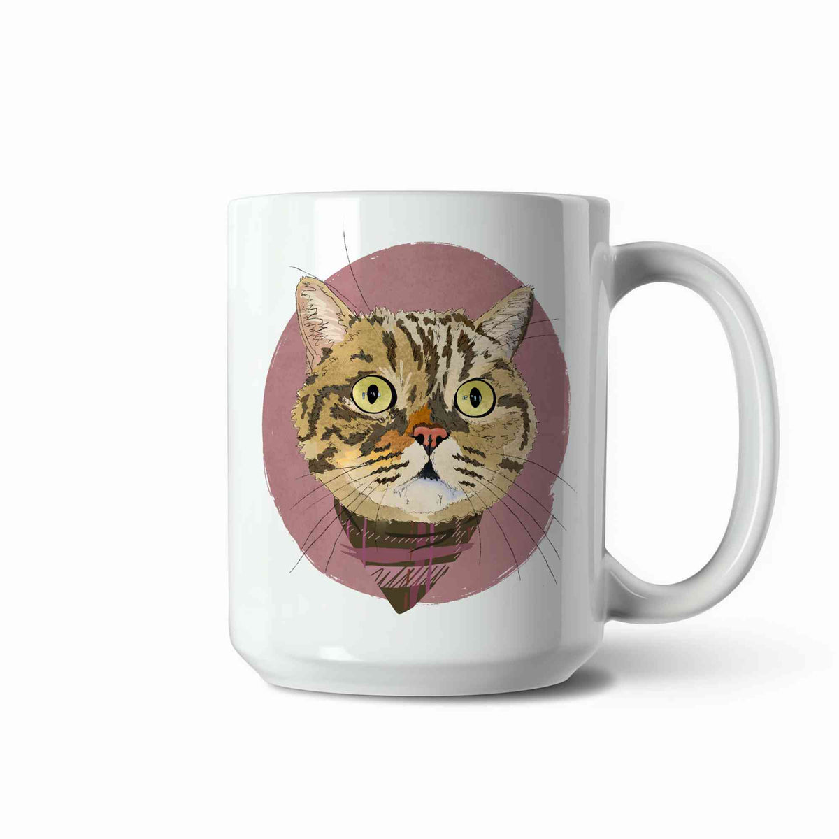A white ceramic coffee mug featuring a custom illustrated cat portrait of a tabby cat wearing a plaid bandana set against a subtle textured dusty rose circular background printed on the side of the mug, shown on a clean white background. 
