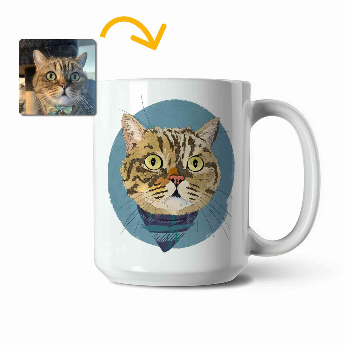 A white ceramic coffee mug featuring a custom illustrated cat portrait of a tabby cat wearing a plaid bandana set against a subtle textured blue circular background printed on the side of the mug, shown on a clean white background. A small inset photo of the cat appears in the upper left with a yellow arrow pointing to the mug design, indicating the custom design was drawn from the photo.