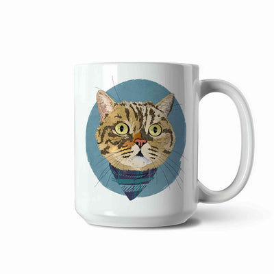 A white ceramic coffee mug featuring a custom illustrated cat portrait of a tabby cat wearing a plaid bandana set against a subtle textured blue circular background printed on the side of the mug, shown on a clean white background. 