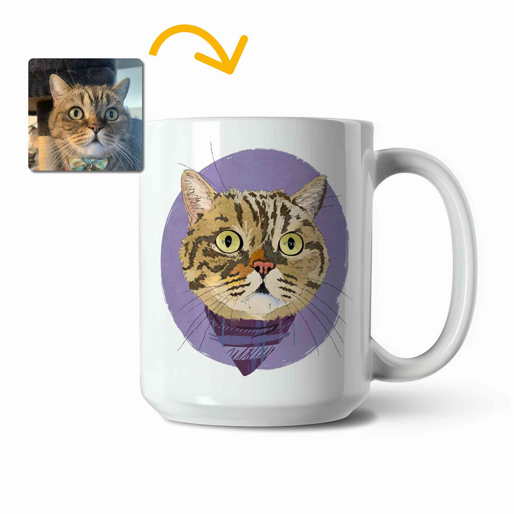 A white ceramic coffee mug featuring a custom illustrated cat portrait of a tabby cat wearing a plaid bandana set against a subtle textured lavender circular background printed on the side of the mug, shown on a clean white background. A small inset photo of the cat appears in the upper left with a yellow arrow pointing to the mug design, indicating the custom design was drawn from the photo.