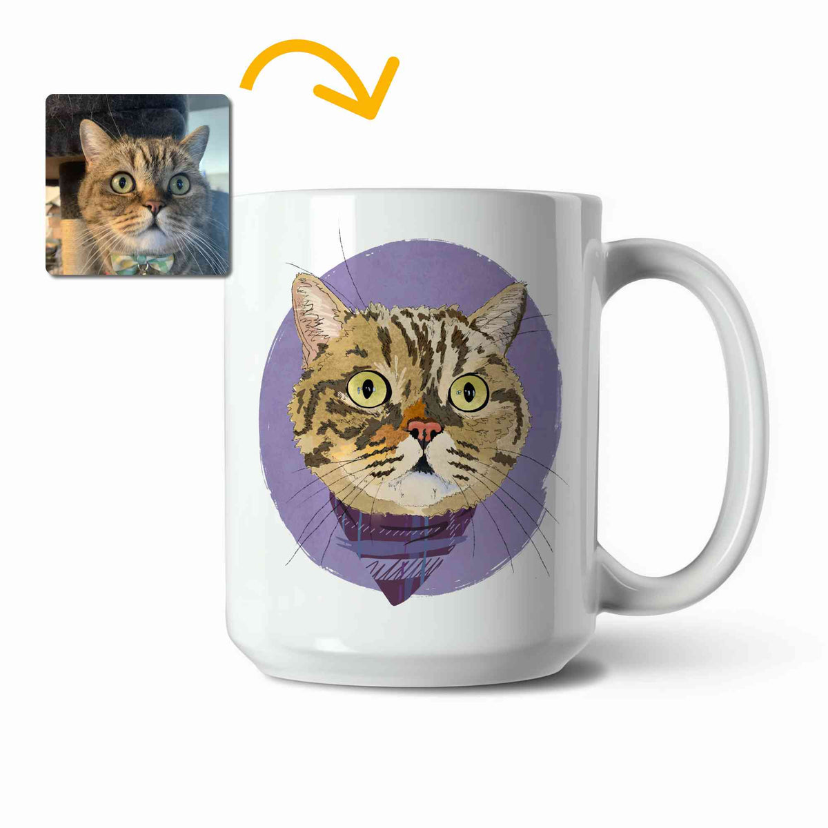 A white ceramic coffee mug featuring a custom illustrated cat portrait of a tabby cat wearing a plaid bandana set against a subtle textured lavender circular background printed on the side of the mug, shown on a clean white background. A small inset photo of the cat appears in the upper left with a yellow arrow pointing to the mug design, indicating the custom design was drawn from the photo.