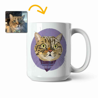 A white ceramic coffee mug featuring a custom illustrated cat portrait of a tabby cat wearing a plaid bandana set against a subtle textured lavender circular background printed on the side of the mug, shown on a clean white background. A small inset photo of the cat appears in the upper left with a yellow arrow pointing to the mug design, indicating the custom design was drawn from the photo.