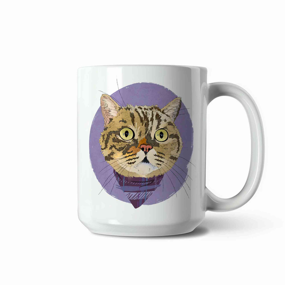 A white ceramic coffee mug featuring a custom illustrated cat portrait of a tabby cat wearing a plaid bandana set against a subtle textured lavender circular background printed on the side of the mug, shown on a clean white background. 