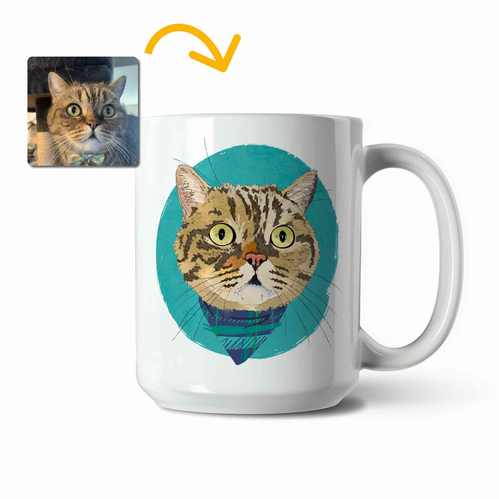A white ceramic coffee mug featuring a custom illustrated cat portrait of a tabby cat wearing a plaid bandana set against a subtle textured teal circular background printed on the side of the mug, shown on a clean white background. A small inset photo of the cat appears in the upper left with a yellow arrow pointing to the mug design, indicating the custom design was drawn from the photo.