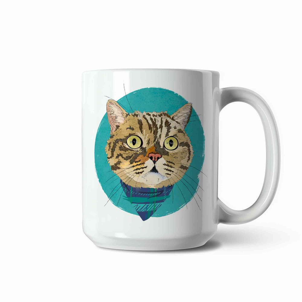 A white ceramic coffee mug featuring a custom illustrated cat portrait of a tabby cat wearing a plaid bandana set against a subtle textured teal circular background printed on the side of the mug, shown on a clean white background. 