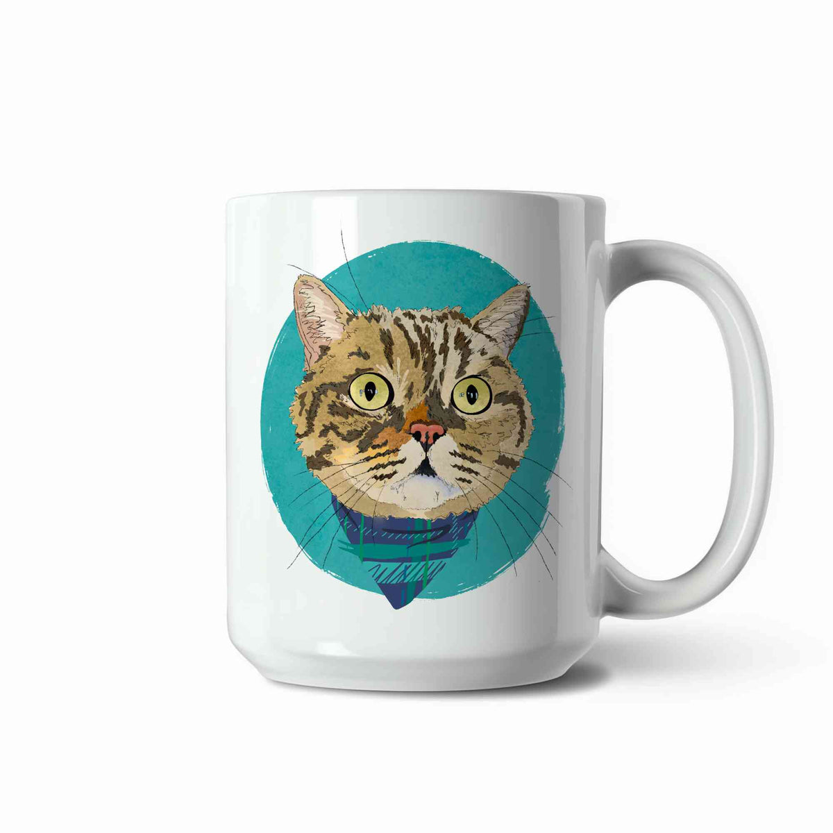 A white ceramic coffee mug featuring a custom illustrated cat portrait of a tabby cat wearing a plaid bandana set against a subtle textured teal circular background printed on the side of the mug, shown on a clean white background. 