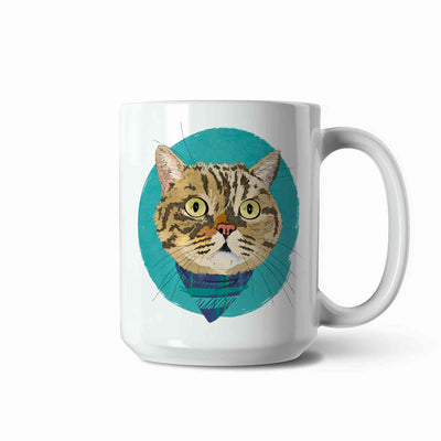 A white ceramic coffee mug featuring a custom illustrated cat portrait of a tabby cat wearing a plaid bandana set against a subtle textured teal circular background printed on the side of the mug, shown on a clean white background. 