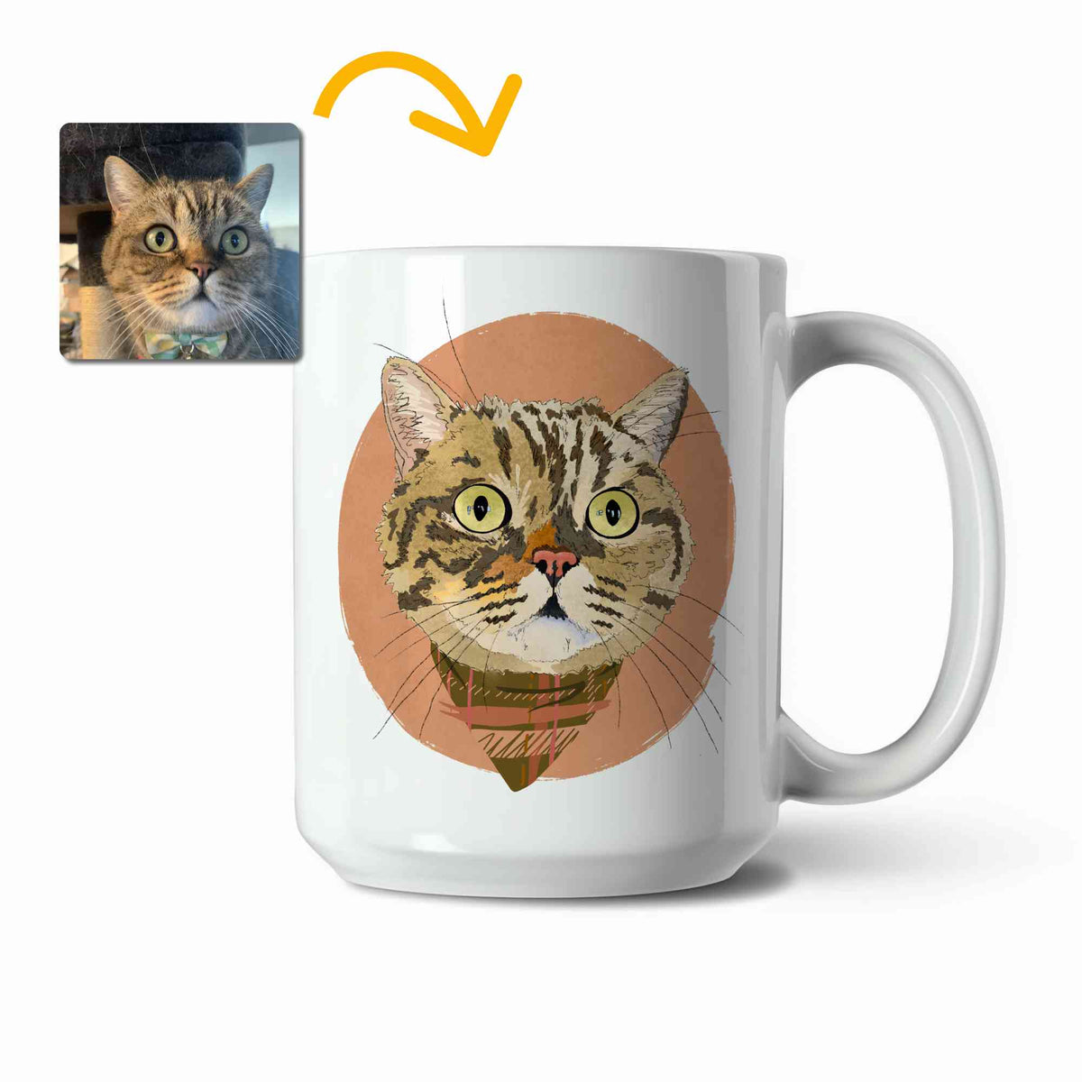 A white ceramic coffee mug featuring a custom illustrated cat portrait of a tabby cat wearing a plaid bandana set against a subtle textured orange circular background printed on the side of the mug, shown on a clean white background. A small inset photo of the cat appears in the upper left with a yellow arrow pointing to the mug design, indicating the custom design was drawn from the photo.