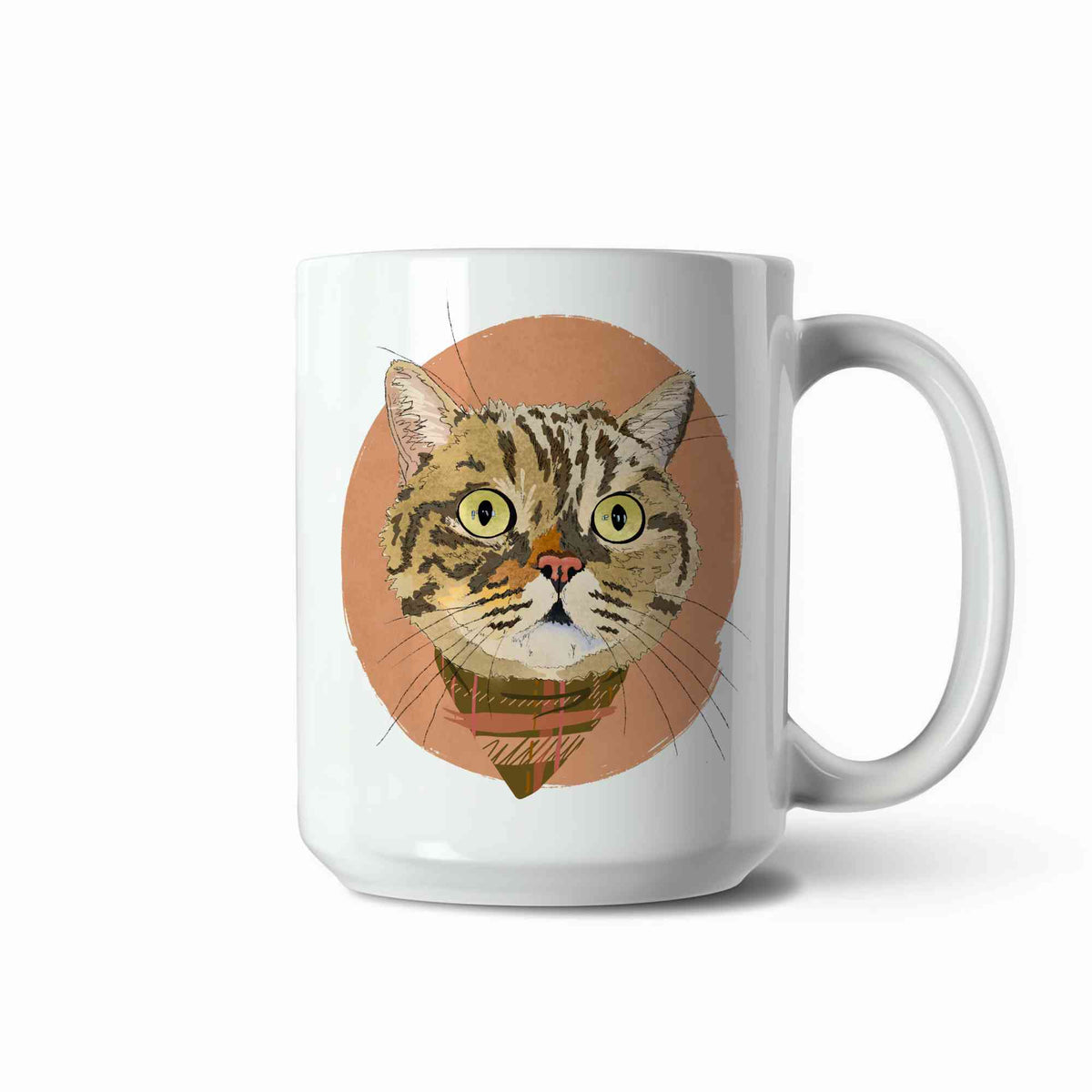 A white ceramic coffee mug featuring a custom illustrated cat portrait of a tabby cat wearing a plaid bandana set against a subtle textured orange circular background printed on the side of the mug, shown on a clean white background. 