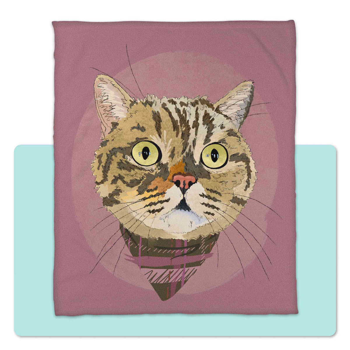 A fleece blanket featuring a custom illustrated cat portrait of a tabby cat wearing a plaid bandana set against a subtle textured dusty rose circular background printed on the blanket, shown centered over a large light aqua rectangular shape on a white background.