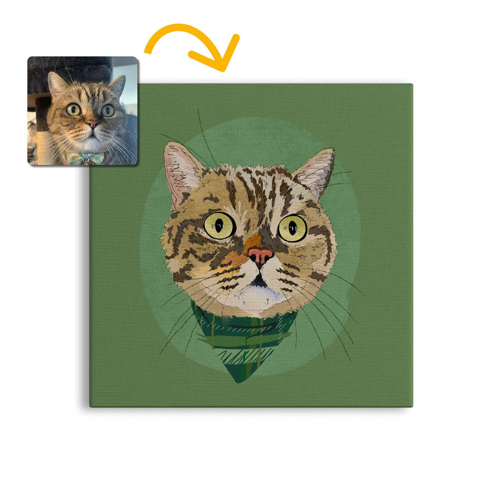A square canvas featuring a custom illustrated cat portrait of a tabby cat wearing a plaid bandana set against a subtle textured green circular background printed on the canvas, shown on a clean white background. A small inset photo of the cat appears in the upper left with a yellow arrow pointing to the canvas design, indicating the custom design was drawn from the photo.