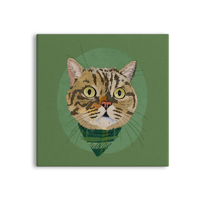 A square canvas featuring a custom illustrated cat portrait of a tabby cat wearing a plaid bandana set against a subtle textured green circular background printed on the canvas, shown on a clean white background. 