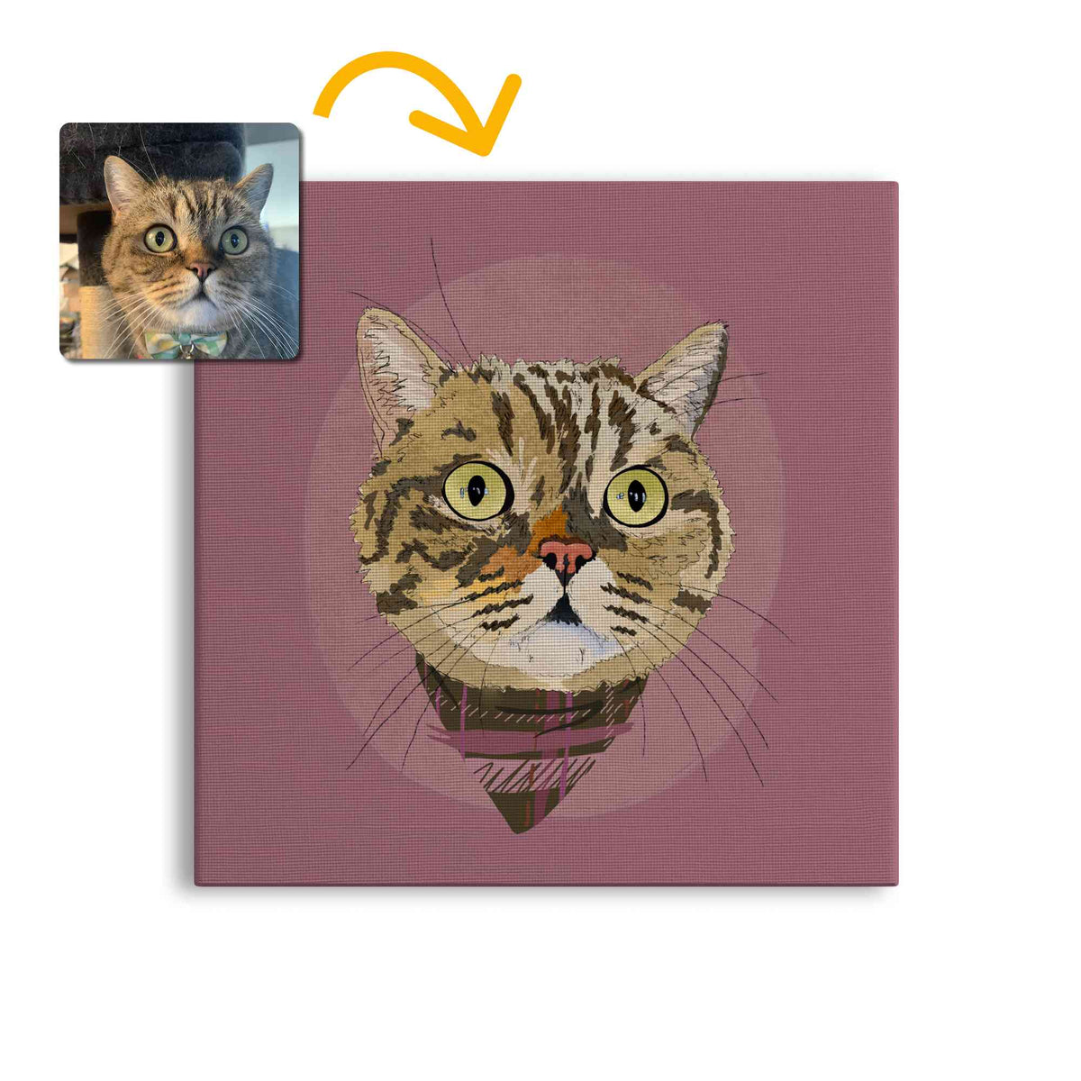 A square canvas featuring a custom illustrated cat portrait of a tabby cat wearing a plaid bandana set against a subtle textured dusty rose circular background printed on the canvas, shown on a clean white background. A small inset photo of the cat appears in the upper left with a yellow arrow pointing to the canvas design, indicating the custom design was drawn from the photo.