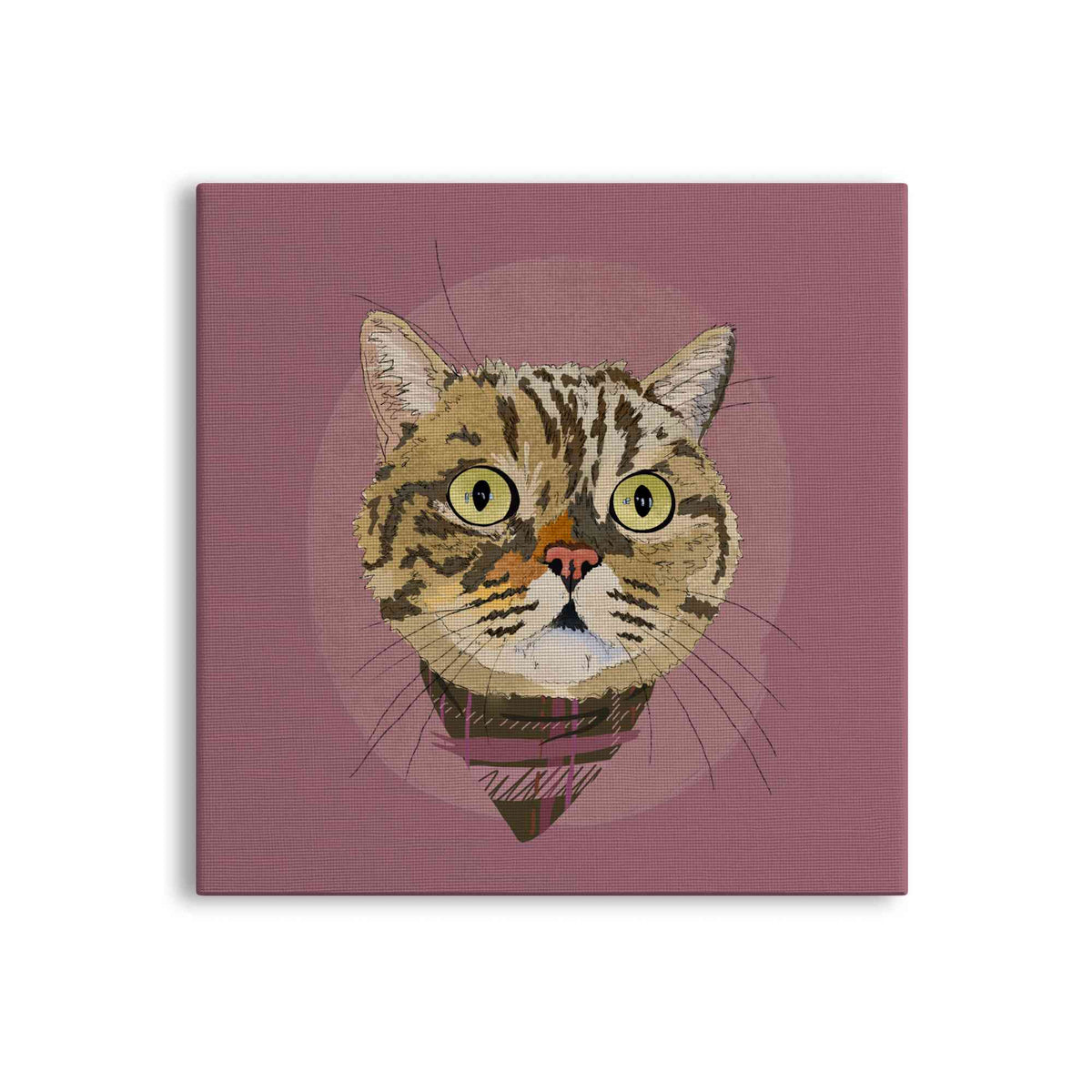 A square canvas featuring a custom illustrated cat portrait of a tabby cat wearing a plaid bandana set against a subtle textured dusty rose circular background printed on the canvas, shown on a clean white background. 