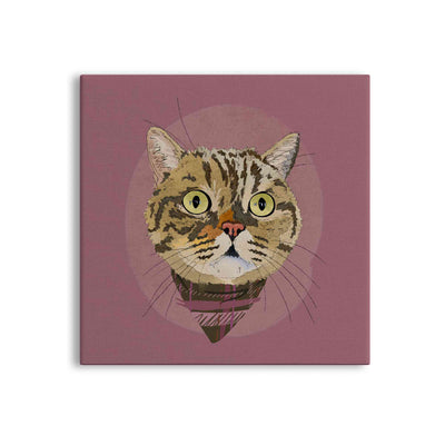 A square canvas featuring a custom illustrated cat portrait of a tabby cat wearing a plaid bandana set against a subtle textured dusty rose circular background printed on the canvas, shown on a clean white background. 