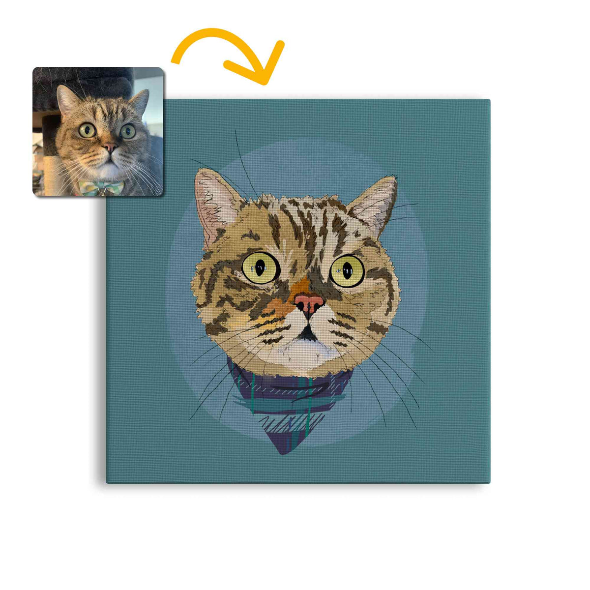 A square canvas featuring a custom illustrated cat portrait of a tabby cat wearing a plaid bandana set against a subtle textured blue circular background printed on the canvas, shown on a clean white background. A small inset photo of the cat appears in the upper left with a yellow arrow pointing to the canvas design, indicating the custom design was drawn from the photo.