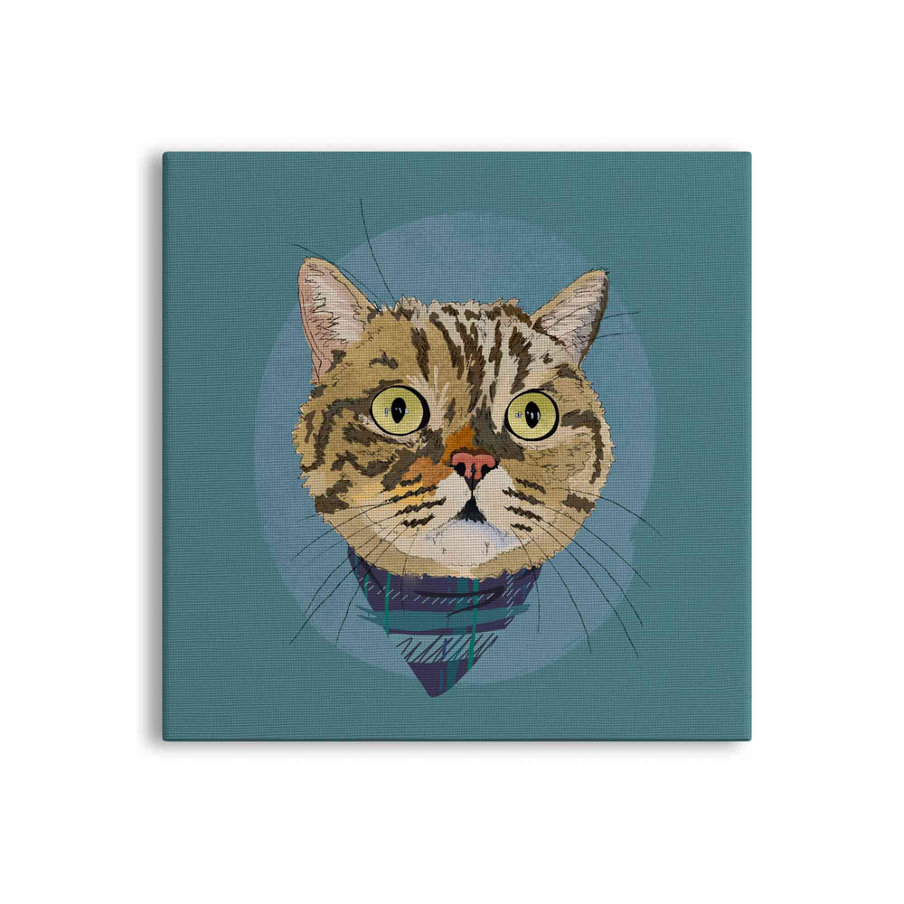 A square canvas featuring a custom illustrated cat portrait of a tabby cat wearing a plaid bandana set against a subtle textured blue circular background printed on the canvas, shown on a clean white background. 