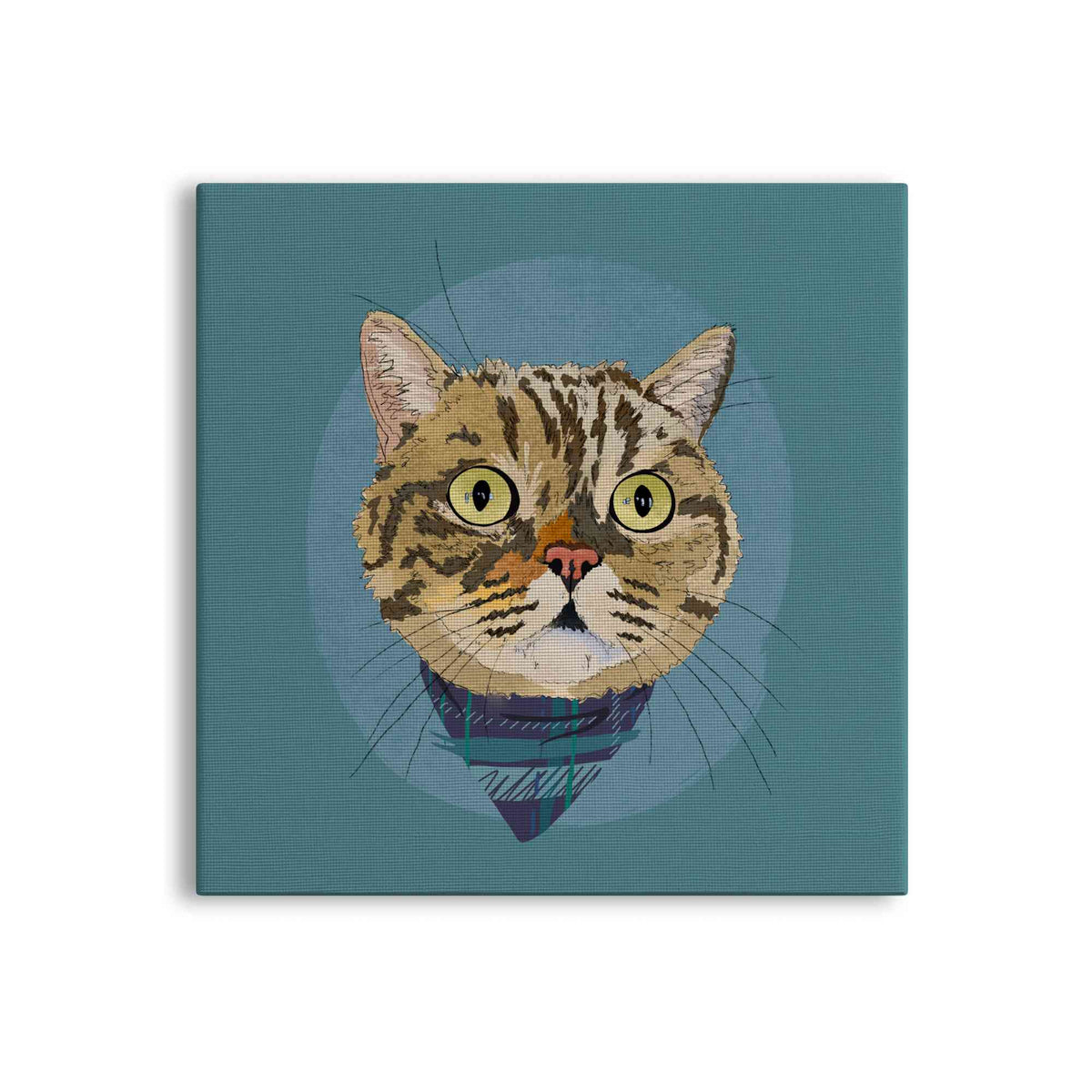 A square canvas featuring a custom illustrated cat portrait of a tabby cat wearing a plaid bandana set against a subtle textured blue circular background printed on the canvas, shown on a clean white background. 
