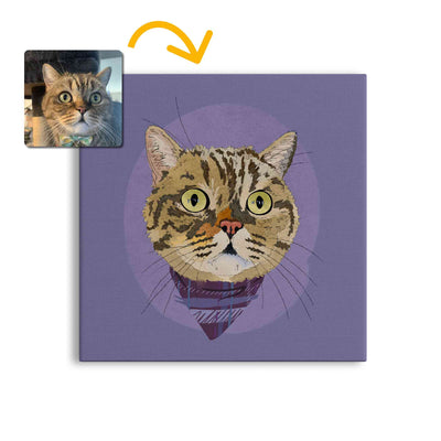 A square canvas featuring a custom illustrated cat portrait of a tabby cat wearing a plaid bandana set against a subtle textured lavender circular background printed on the canvas, shown on a clean white background. A small inset photo of the cat appears in the upper left with a yellow arrow pointing to the canvas design, indicating the custom design was drawn from the photo.