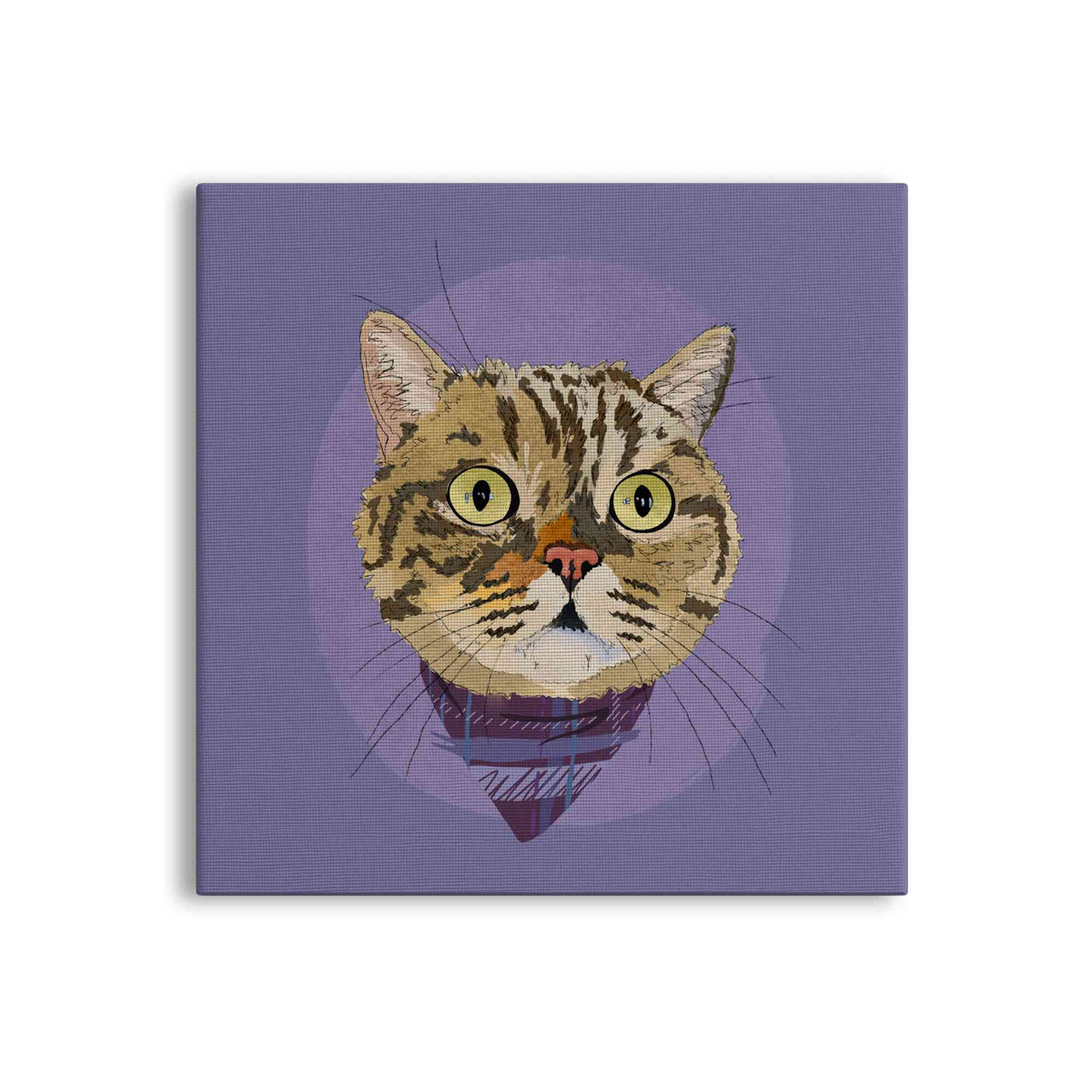A square canvas featuring a custom illustrated cat portrait of a tabby cat wearing a plaid bandana set against a subtle textured lavender circular background printed on the canvas, shown on a clean white background. 