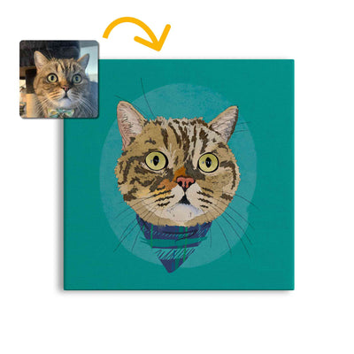 A square canvas featuring a custom illustrated cat portrait of a tabby cat wearing a plaid bandana set against a subtle textured teal circular background printed on the canvas, shown on a clean white background. A small inset photo of the cat appears in the upper left with a yellow arrow pointing to the canvas design, indicating the custom design was drawn from the photo.
