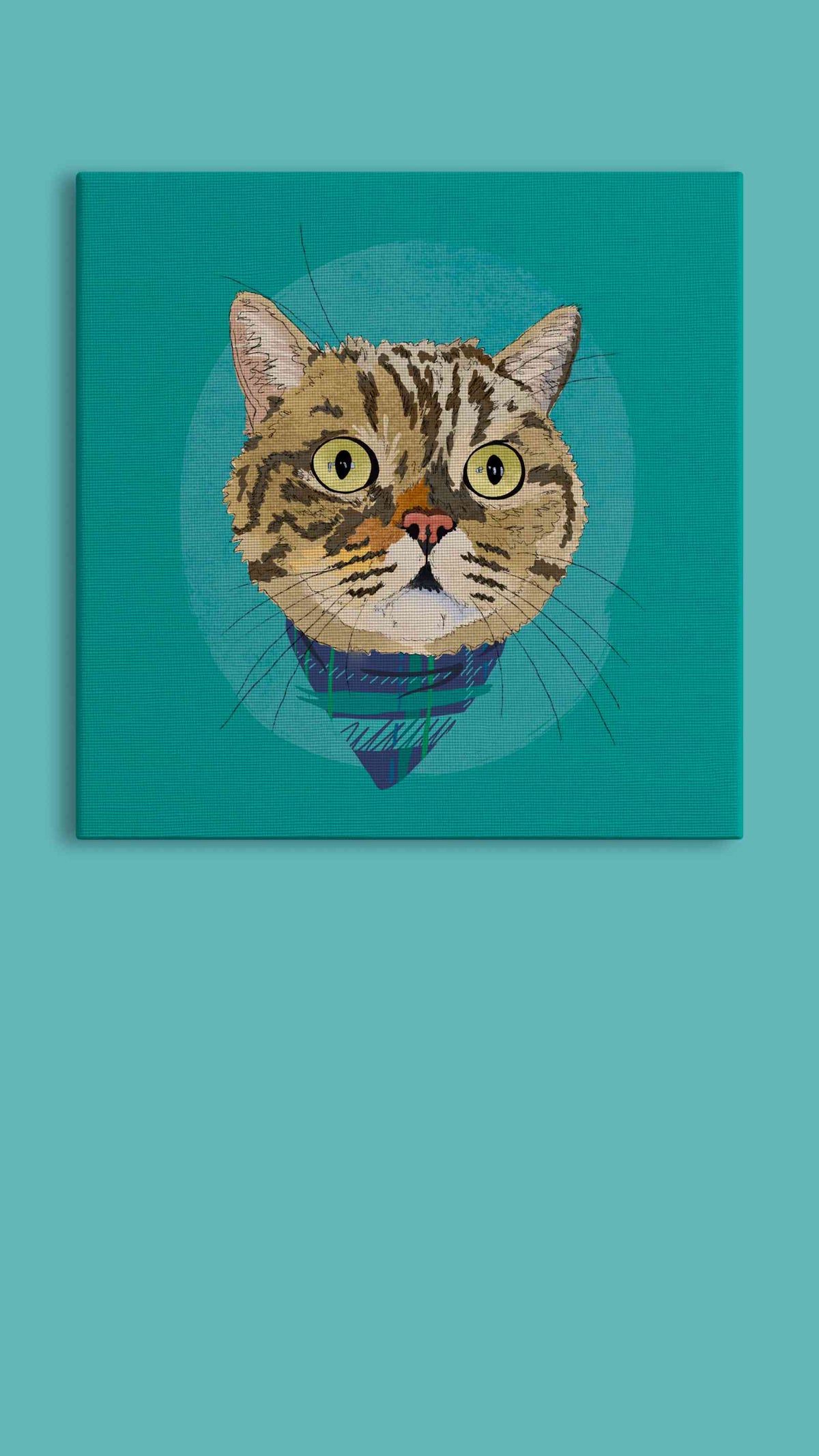 A square canvas featuring a custom illustrated cat portrait of a tabby cat wearing a plaid bandana set against a subtle textured teal circular background printed on the canvas, shown on a teal background. 