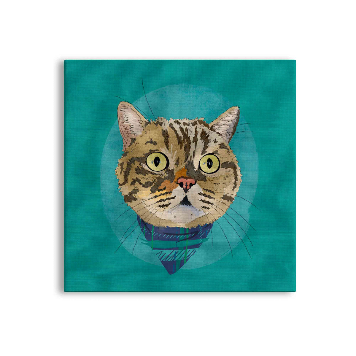 A square canvas featuring a custom illustrated cat portrait of a tabby cat wearing a plaid bandana set against a subtle textured teal circular background printed on the canvas, shown on a clean white background. 