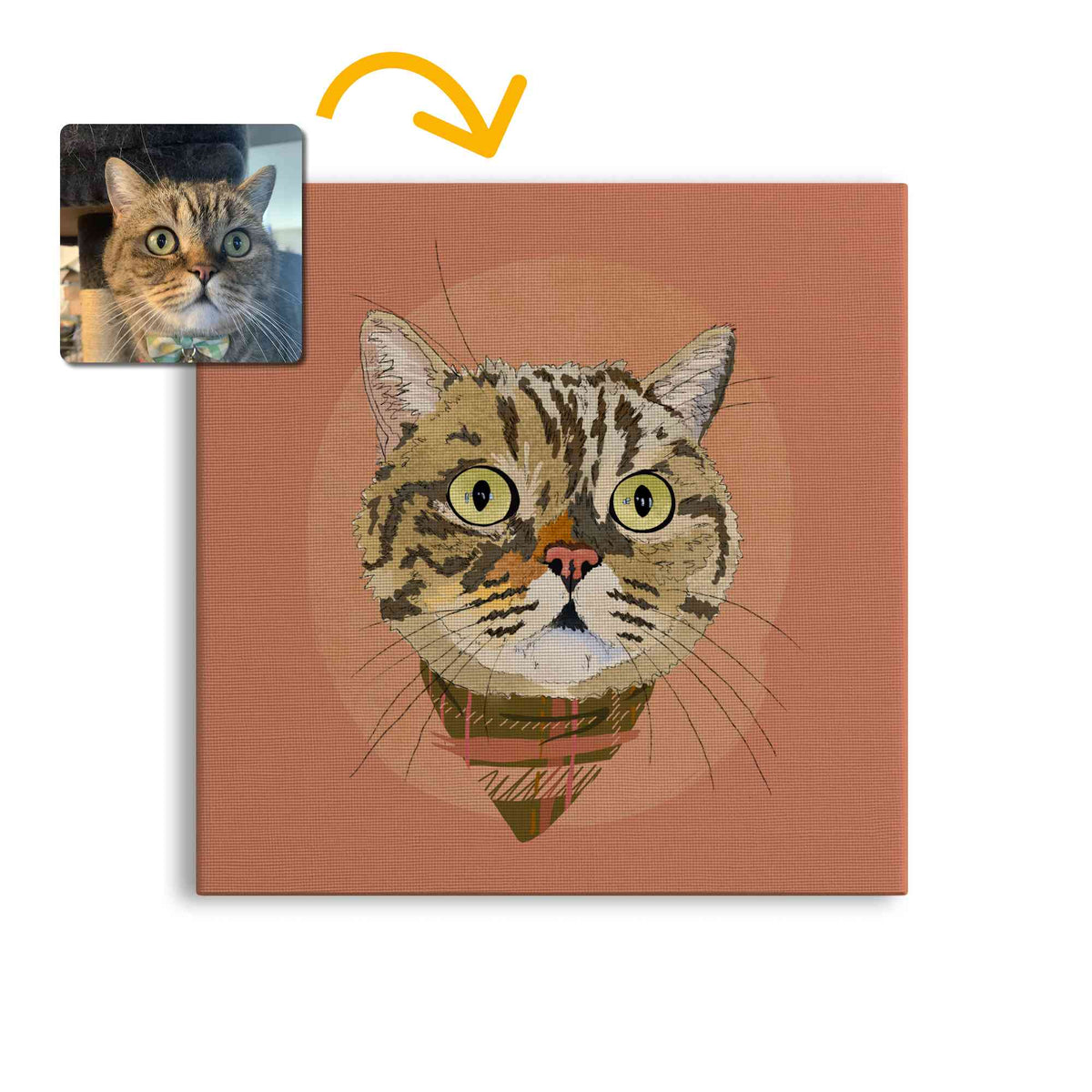 A square canvas featuring a custom illustrated cat portrait of a tabby cat wearing a plaid bandana set against a subtle textured orange circular background printed on the canvas, shown on a clean white background. A small inset photo of the cat appears in the upper left with a yellow arrow pointing to the canvas design, indicating the custom design was drawn from the photo.