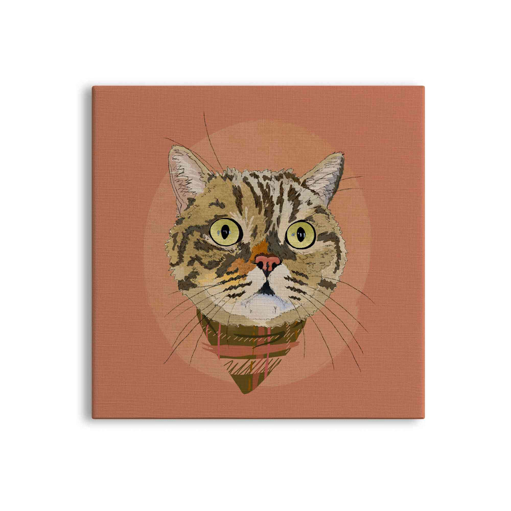 A square canvas featuring a custom illustrated cat portrait of a tabby cat wearing a plaid bandana set against a subtle textured orange circular background printed on the canvas, shown on a clean white background. 