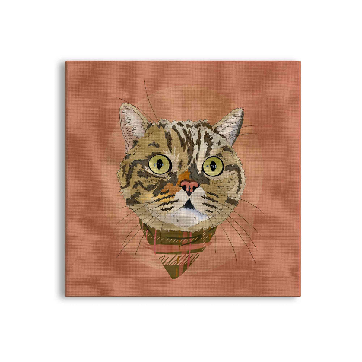 A square canvas featuring a custom illustrated cat portrait of a tabby cat wearing a plaid bandana set against a subtle textured orange circular background printed on the canvas, shown on a clean white background. 