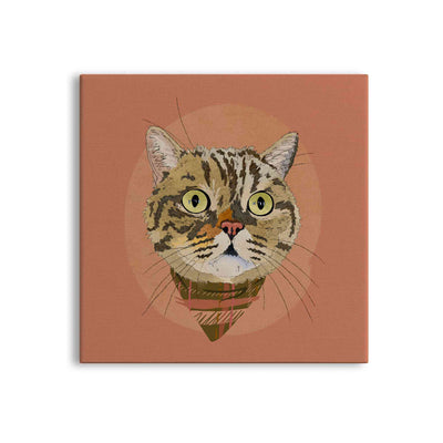 A square canvas featuring a custom illustrated cat portrait of a tabby cat wearing a plaid bandana set against a subtle textured orange circular background printed on the canvas, shown on a clean white background. 