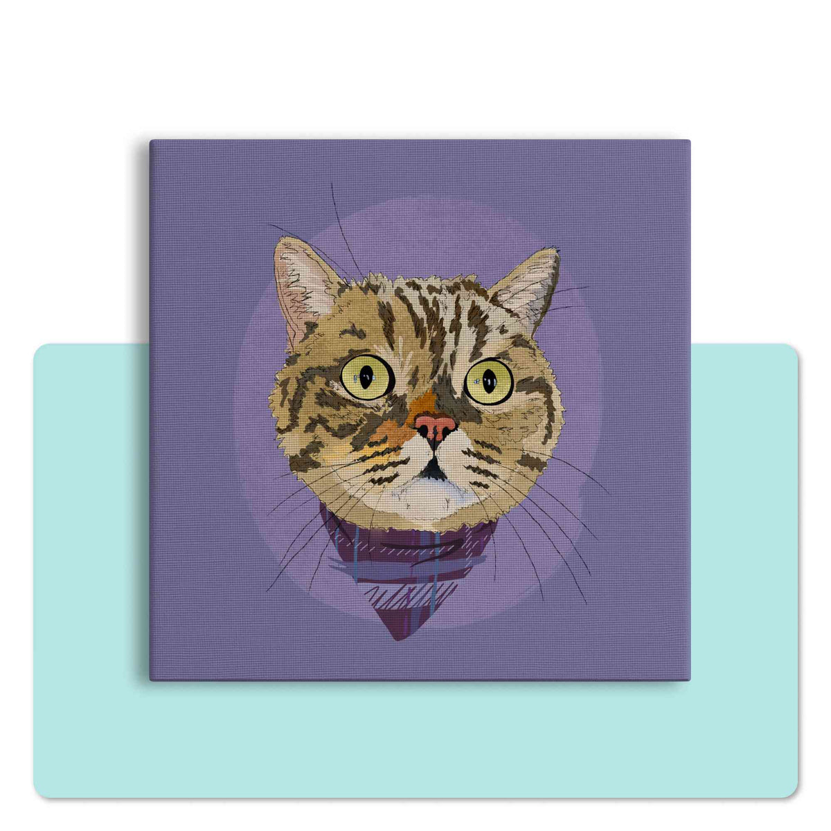 A square canvas featuring a custom illustrated cat portrait of a tabby cat wearing a plaid bandana set against a subtle textured lavender circular background printed on the canvas, shown centered over a large light aqua rectangular shape on a white background.