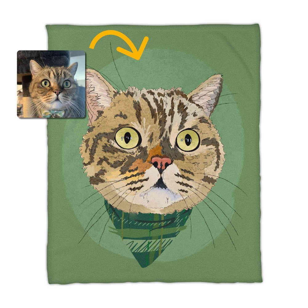 A fleece blanket featuring a custom illustrated cat portrait of a tabby cat wearing a plaid bandana set against a subtle textured green circular background printed on the blanket, shown on a clean white background. A small inset photo of the cat appears in the upper left with a yellow arrow pointing to the blanket design, indicating the custom design was drawn from the photo.