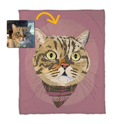 A fleece blanket featuring a custom illustrated cat portrait of a tabby cat wearing a plaid bandana set against a subtle textured dusty rose circular background printed on the blanket, shown on a clean white background. A small inset photo of the cat appears in the upper left with a yellow arrow pointing to the blanket design, indicating the custom design was drawn from the photo.
