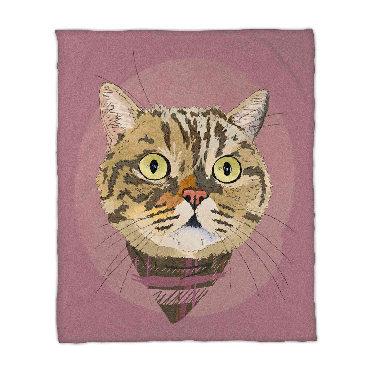 A fleece blanket featuring a custom illustrated cat portrait of a tabby cat wearing a plaid bandana set against a subtle textured dusty rose circular background printed on the blanket, shown on a clean white background. 