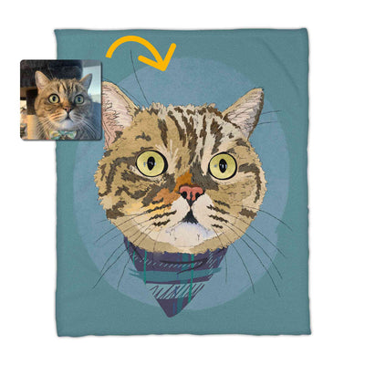 A fleece blanket featuring a custom illustrated cat portrait of a tabby cat wearing a plaid bandana set against a subtle textured blue circular background printed on the blanket, shown on a clean white background. A small inset photo of the cat appears in the upper left with a yellow arrow pointing to the blanket design, indicating the custom design was drawn from the photo.