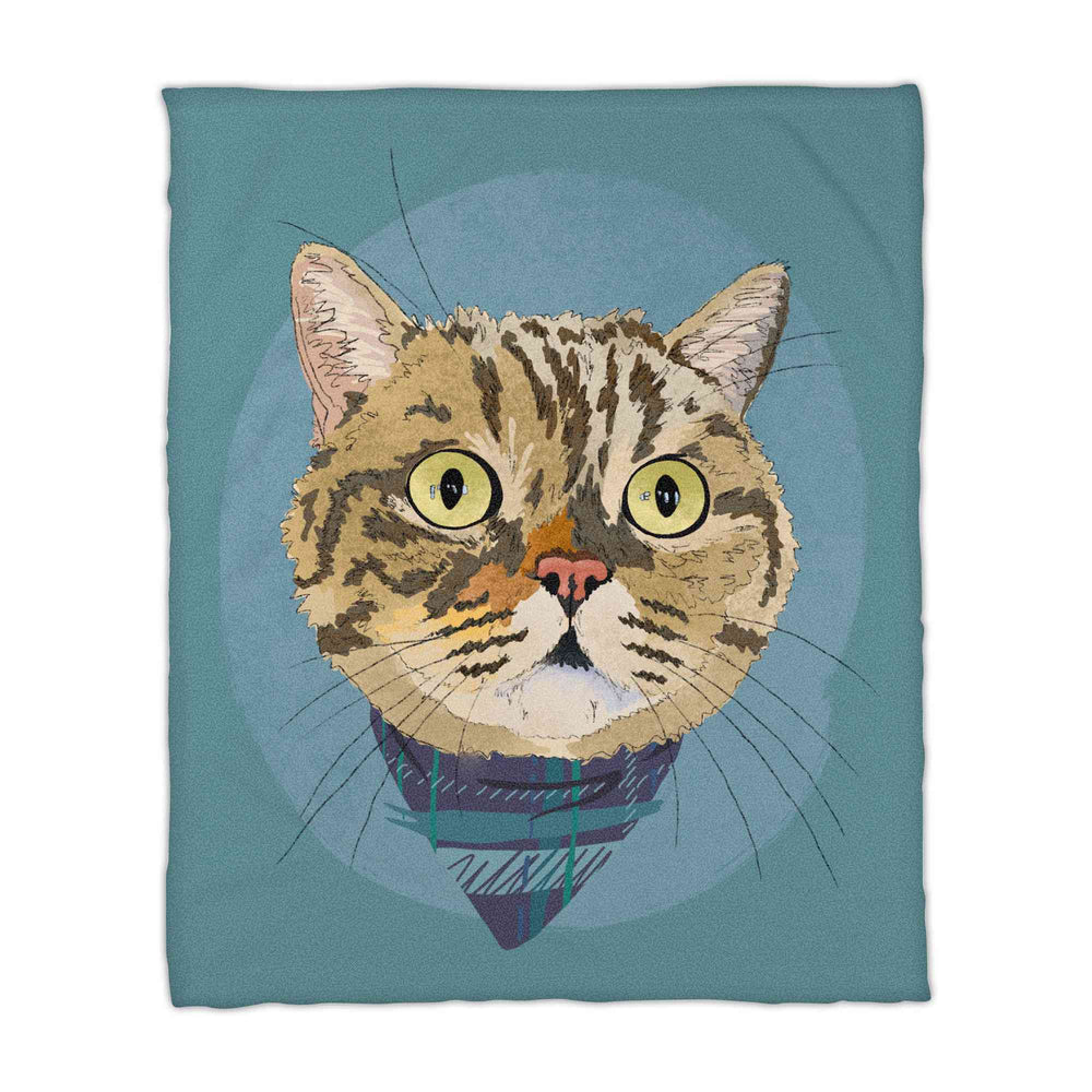 A fleece blanket featuring a custom illustrated cat portrait of a tabby cat wearing a plaid bandana set against a subtle textured blue circular background printed on the blanket, shown on a clean white background. 