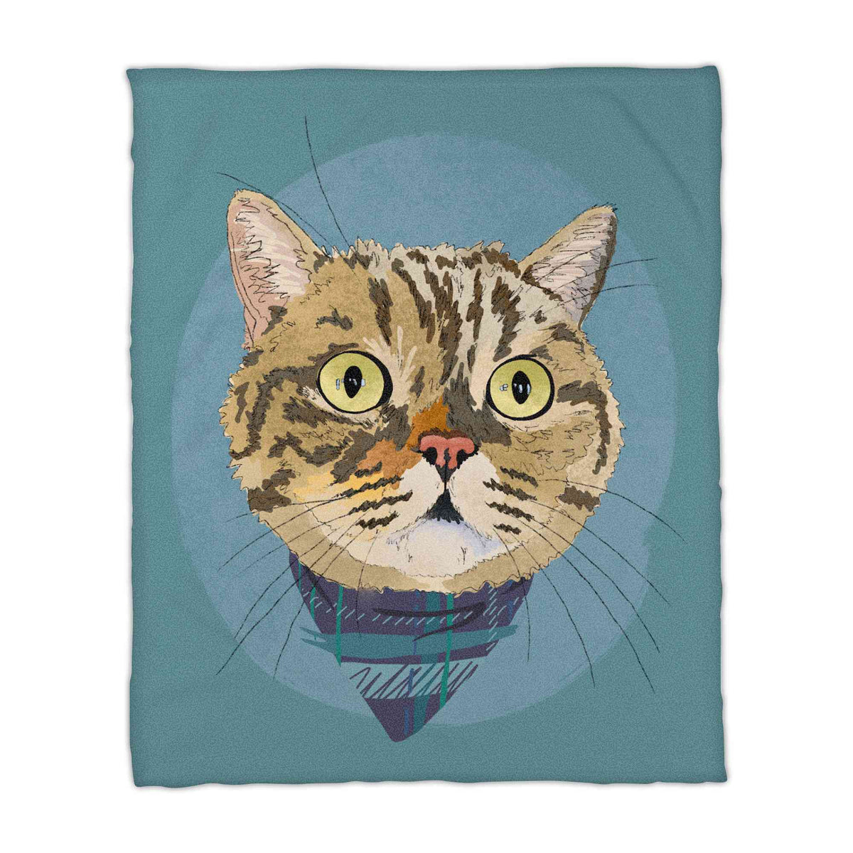 A fleece blanket featuring a custom illustrated cat portrait of a tabby cat wearing a plaid bandana set against a subtle textured blue circular background printed on the blanket, shown on a clean white background. 