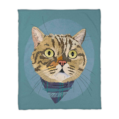 A fleece blanket featuring a custom illustrated cat portrait of a tabby cat wearing a plaid bandana set against a subtle textured blue circular background printed on the blanket, shown on a clean white background. 