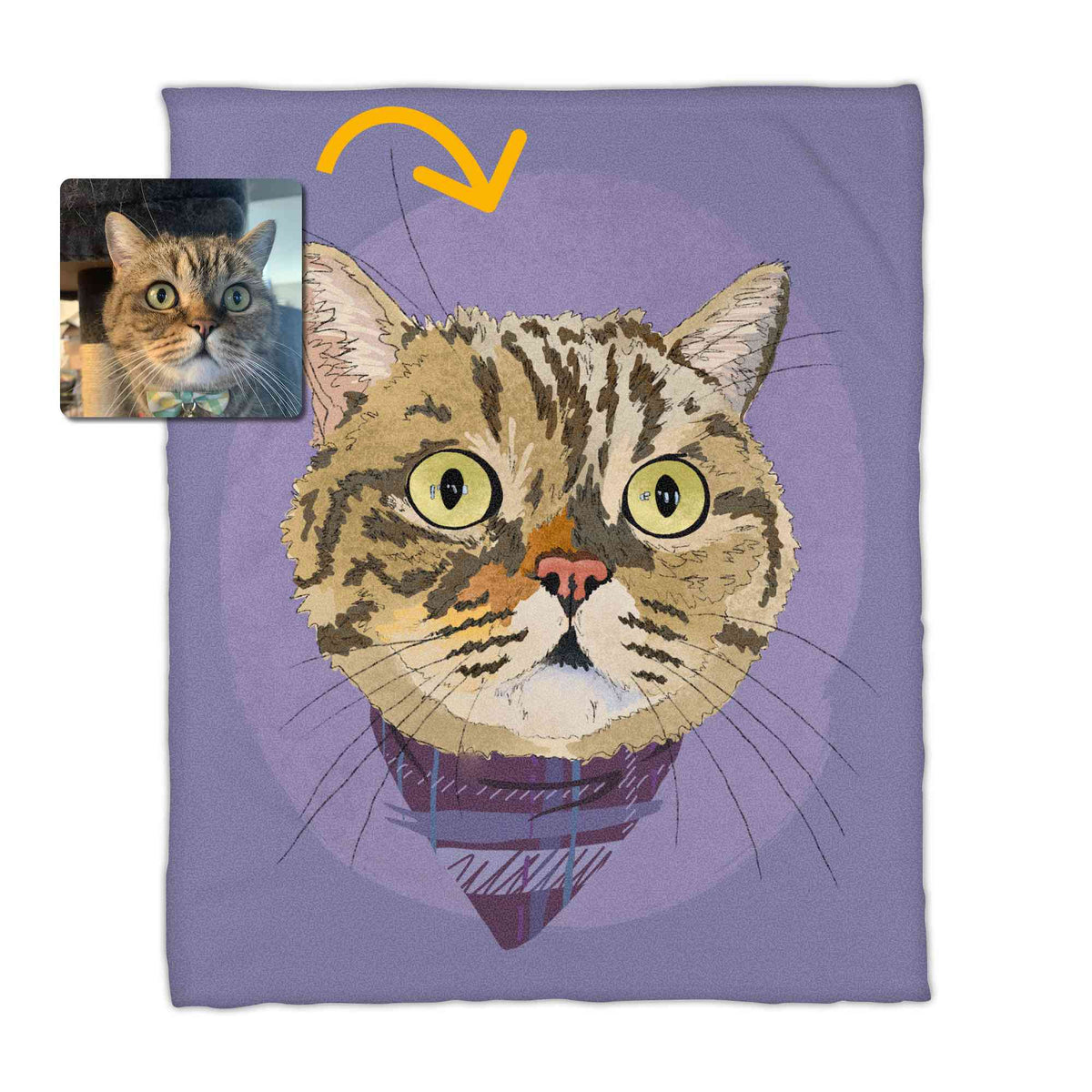 A fleece blanket featuring a custom illustrated cat portrait of a tabby cat wearing a plaid bandana set against a subtle textured lavender circular background printed on the blanket, shown on a clean white background. A small inset photo of the cat appears in the upper left with a yellow arrow pointing to the blanket design, indicating the custom design was drawn from the photo.