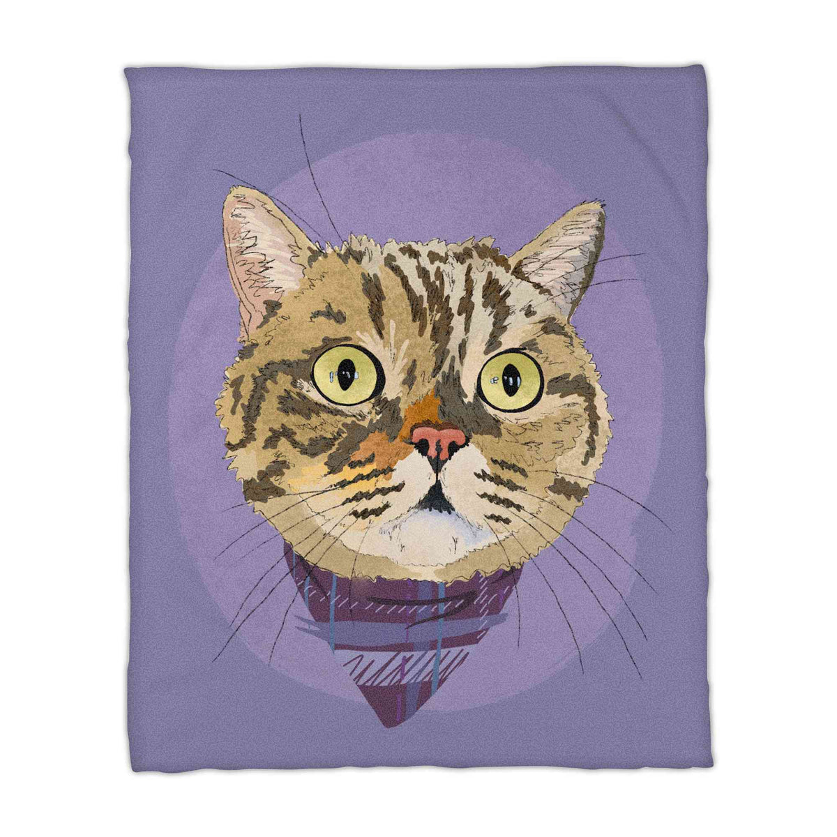 A fleece blanket featuring a custom illustrated cat portrait of a tabby cat wearing a plaid bandana set against a subtle textured lavender circular background printed on the blanket, shown on a clean white background. 