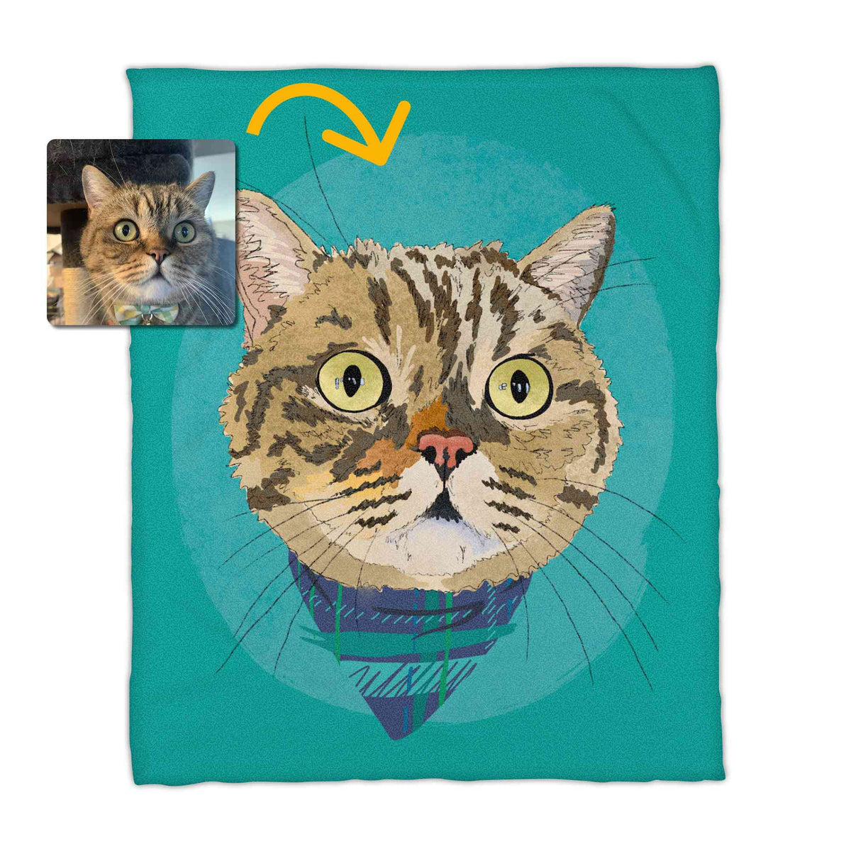 A fleece blanket featuring a custom illustrated cat portrait of a tabby cat wearing a plaid bandana set against a subtle textured teal circular background printed on the blanket, shown on a clean white background. A small inset photo of the cat appears in the upper left with a yellow arrow pointing to the blanket design, indicating the custom design was drawn from the photo.