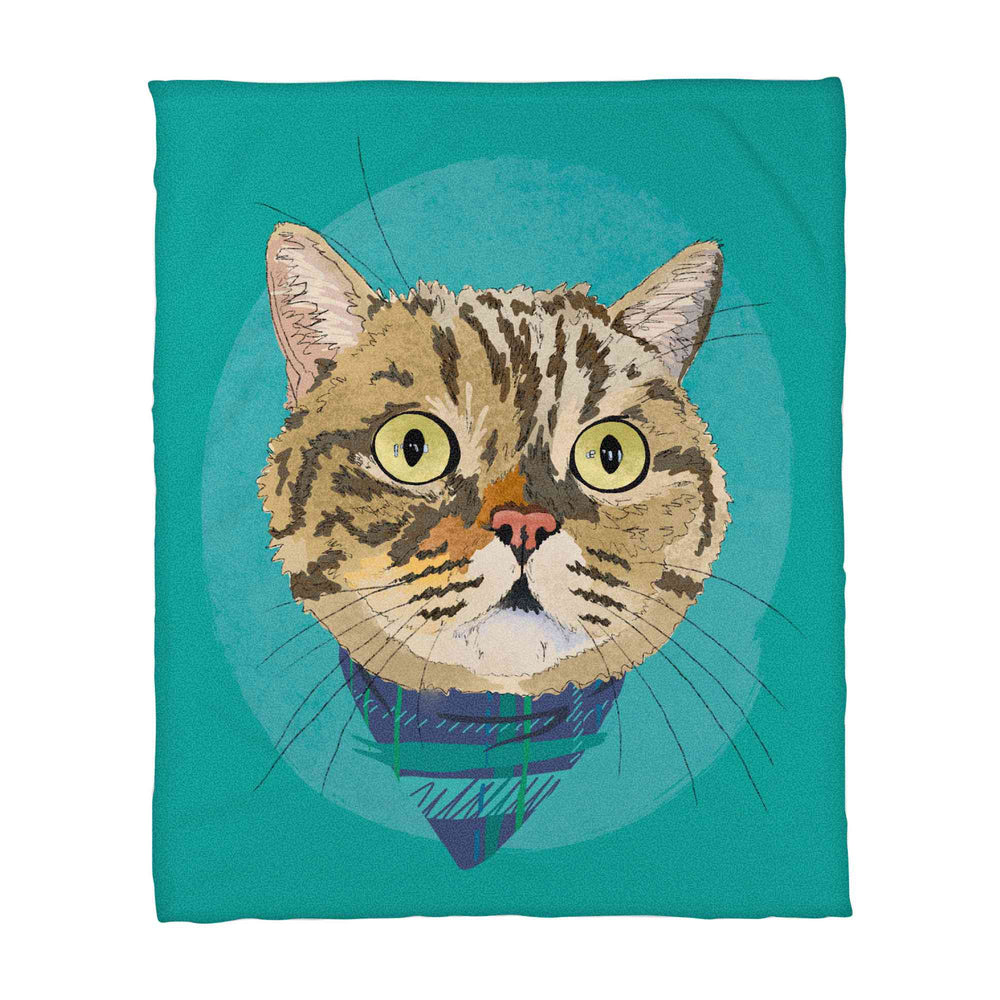 A fleece blanket featuring a custom illustrated cat portrait of a tabby cat wearing a plaid bandana set against a subtle textured teal circular background printed on the blanket, shown on a clean white background. 