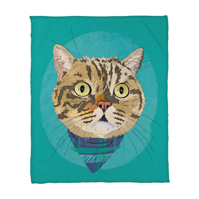 A fleece blanket featuring a custom illustrated cat portrait of a tabby cat wearing a plaid bandana set against a subtle textured teal circular background printed on the blanket, shown on a clean white background. 