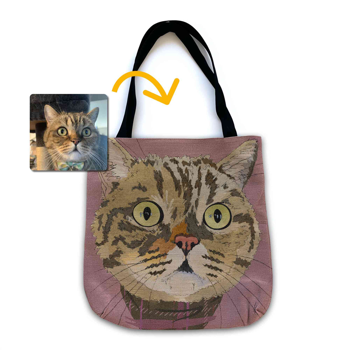 A woven tote bag with black shoulder straps featuring a custom illustrated cat portrait of a tabby cat wearing a plaid bandana set against a subtle textured dusty rose background printed on the side of the bag, shown on a clean white background. A small inset photo of the cat appears in the upper left with a yellow arrow pointing to the bag design, indicating the custom design was drawn from the photo.