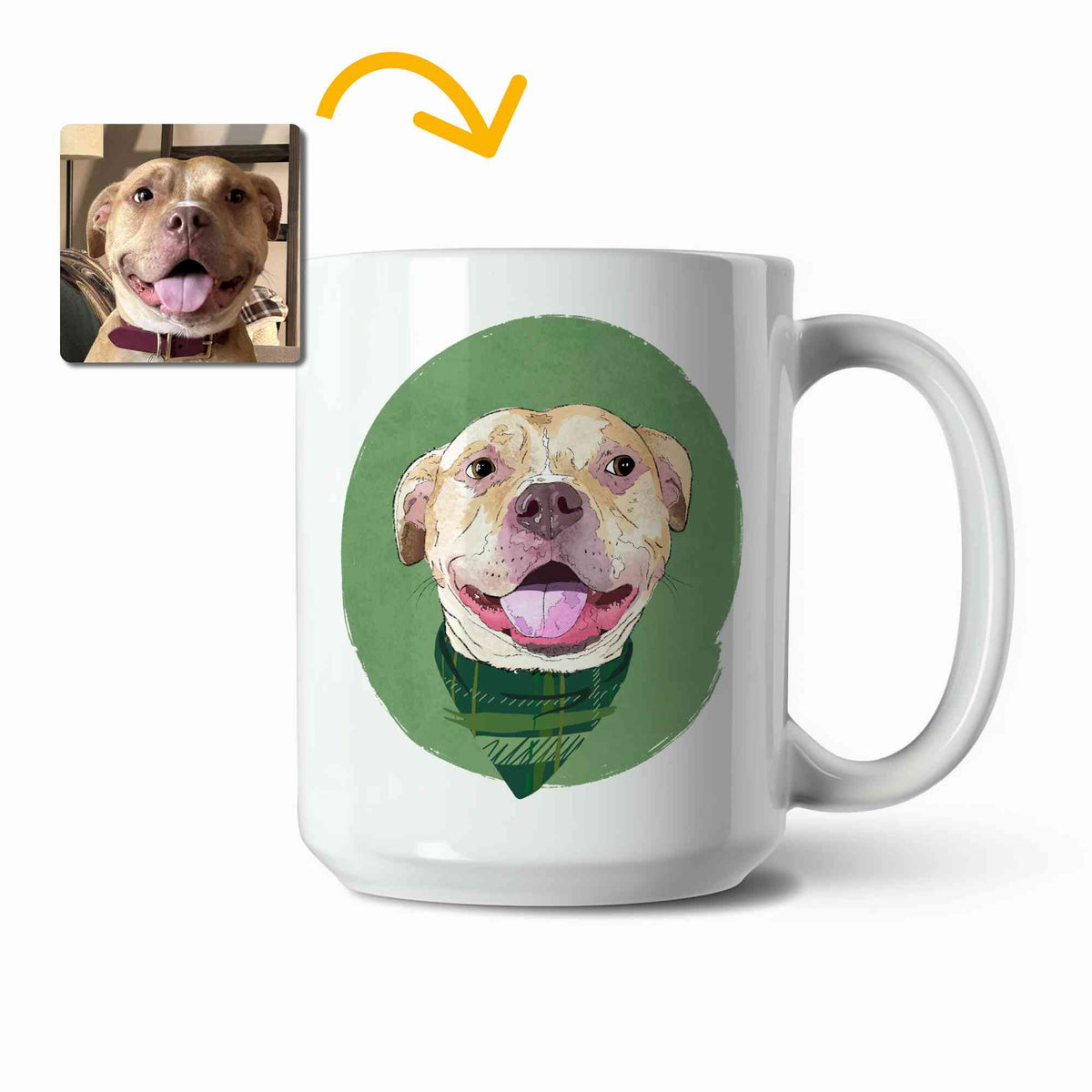 A white ceramic coffee mug featuring a custom illustrated dog portrait of a smiling tan dog wearing a plaid bandana set against a subtle textured green circular background printed on the side of the mug, shown on a clean white background. A small inset photo of the dog appears in the upper left with a yellow arrow pointing to the mug design, indicating the custom design was drawn from the photo.