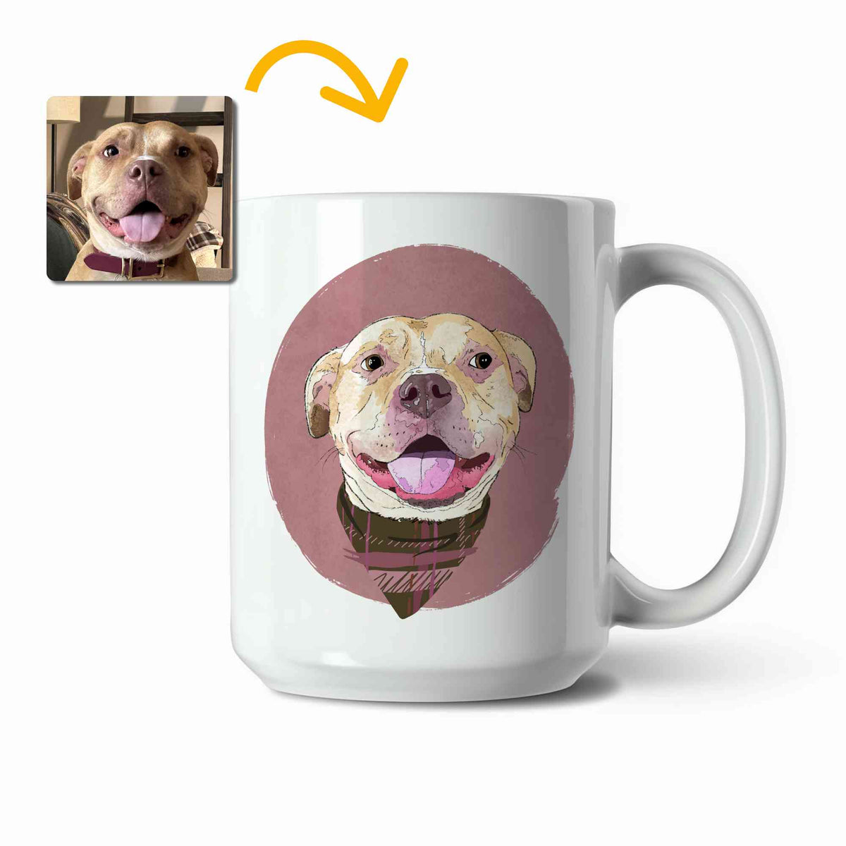 A white ceramic coffee mug featuring a custom illustrated dog portrait of a smiling tan dog wearing a plaid bandana set against a subtle textured dusty rose circular background printed on the side of the mug, shown on a clean white background. A small inset photo of the dog appears in the upper left with a yellow arrow pointing to the mug design, indicating the custom design was drawn from the photo.