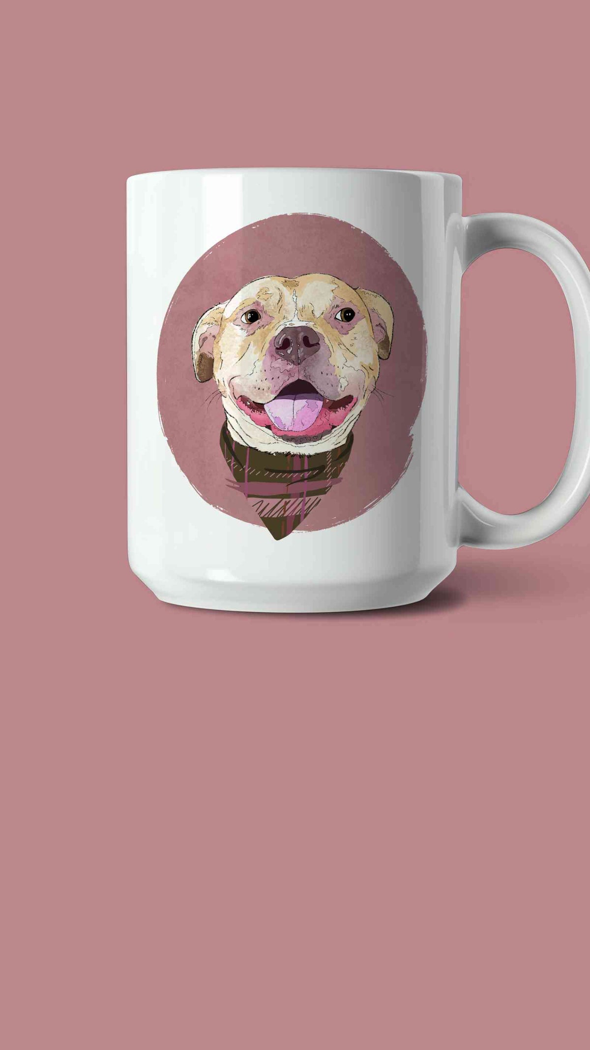 A white ceramic coffee mug featuring a custom illustrated dog portrait of a smiling tan dog wearing a plaid bandana set against a subtle textured dusty rose circular background printed on the side of the mug, shown on a lighter dusty rose background. 
