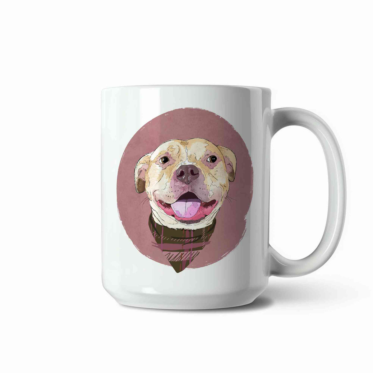 A white ceramic coffee mug featuring a custom illustrated dog portrait of a smiling tan dog wearing a plaid bandana set against a subtle textured dusty rose circular background printed on the side of the mug, shown on a clean white background. 